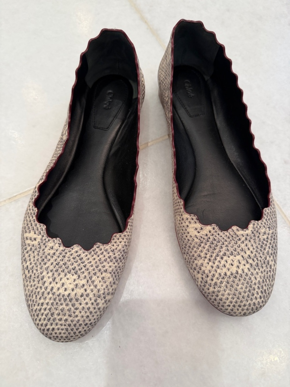 Chloe Scalloped burgundy Edge Flats in blk white Beige Snake Print